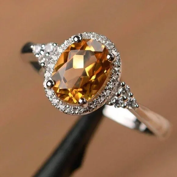 Sterling Silver 925 Oval Citrine & Moissanite Halo Ring - Picture 2 of 3